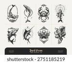 Collection of dark ocean themed illustrations featuring sea creatures, marine animals, nautical symbols and underwater elements drawn in detailed vintage engraving style. Gothic inspired ocean artwork including shells, fish, octopus, seahorses and decorative nautical ornaments. Perfect for tattoo flash, posters, apparel, packaging, branding, stickers and ocean themed design projects.