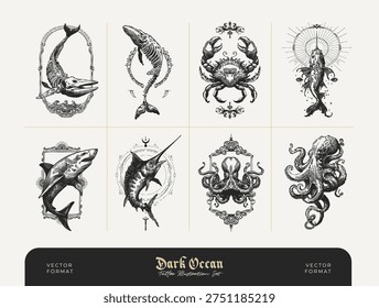 Collection of dark ocean themed illustrations featuring sea creatures, marine animals, nautical symbols and underwater elements drawn in detailed vintage engraving style. Gothic inspired ocean artwork including shells, fish, octopus, seahorses and decorative nautical ornaments. Perfect for tattoo flash, posters, apparel, packaging, branding, stickers and ocean themed design projects.