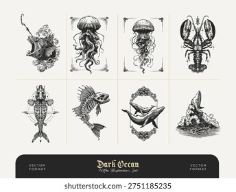 Collection of dark ocean themed illustrations featuring sea creatures, marine animals, nautical symbols and underwater elements drawn in detailed vintage engraving style. Gothic inspired ocean artwork including shells, fish, octopus, seahorses and decorative nautical ornaments. Perfect for tattoo flash, posters, apparel, packaging, branding, stickers and ocean themed design projects.