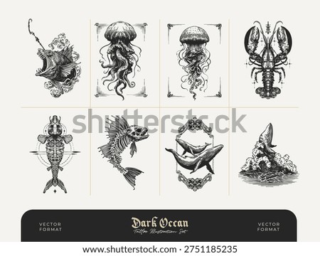 Collection of dark ocean themed illustrations featuring sea creatures, marine animals, nautical symbols and underwater elements drawn in detailed vintage engraving style. Gothic inspired ocean artwork including shells, fish, octopus, seahorses and decorative nautical ornaments. Perfect for tattoo flash, posters, apparel, packaging, branding, stickers and ocean themed design projects.
