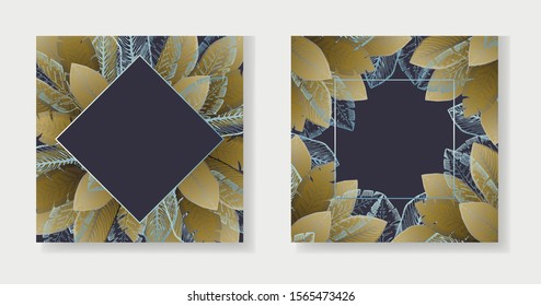 Collection of dark purple square backgrounds with golden and turquoise tropical leaves. Summer exotic blue and yellow leaf frames for birthday greeting cards, banner design, wedding invitations