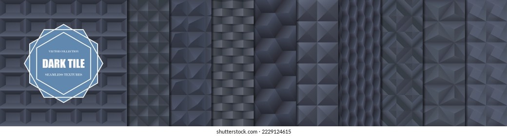 Colección de texturas geométricas de tejas 3d oscuras y sin costura. Fondo negro abstracto e interminable decorativo