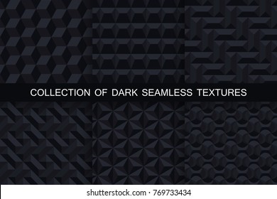 Collection of dark seamless geometric textures. Black 3d patterns.