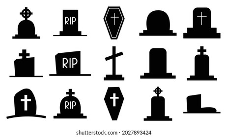 Collection of dark silhouettes of tombstones. Icons of graves, monuments with crosses. Tomb with a cross and gravestones. Death and burial symbol. Vector illustration isolated