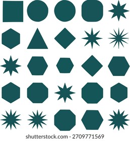 Una colección de Formas geométricas de color verde azulado oscuro, que incluyen cuadrados, círculos, hexágonos, triángulos, diamantes y esteladas, dispuestas en una cuadrícula.