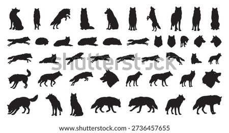 Collection of dark wolf silhouettes illustrating sitting running jumping and howling positions. Set of contrasting black wolf profiles demonstrating range of postures for design purposes