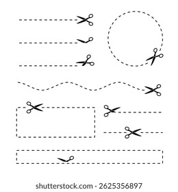 Uma coleção de linhas tracejadas com ícones de tesoura, projetada para recorte. Inclui linhas retas, circulares e onduladas, bem como formas retangulares, adequadas para fins de artesanato ou educacionais.