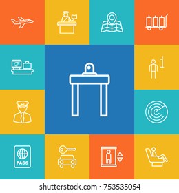Collection Of Data, Airport Security, Map And Other Elements.  Set Of 13 Airplane Outline Icons Set. 