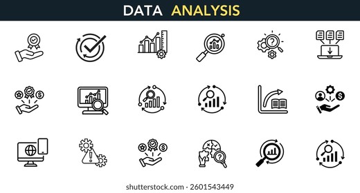 A collection of data analysis icons featuring analytical tools, metrics visualization, quality assessment, and performance tracking elements. For business intelligence, statistics, and data science.