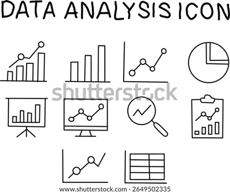 Collection of data analysis line icons including graphs, charts, pie charts, magnifying glass, monitor, and tables. Ideal for business, analytics, and reports.