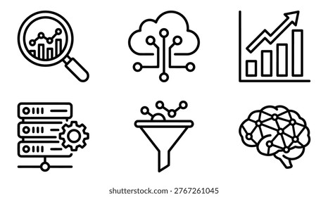 Collection of data analytics icons illustrating growth charts funnel and brain concept