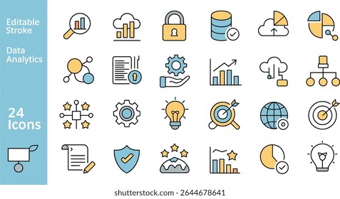 Collection of data analytics icons in line art style