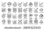 Collection of data analytics line icons representing forecasting, modeling, algorithms, trends, data, big data, reports, regression, insights, pattern, analytics, future, estimate, projection, classification, probability, prediction, machine learning, decision making, performance, strategy, model training, data mining, and risks.