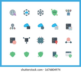 Collection of data and block chain linear icons and color icons. hackers, information, transmission, meta data. Set of Security, hacking symbols drawn with thin contour lines.