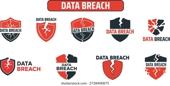Sammlung von Logosymbolen für Datenschutzverletzungen mit geknackten Schilden und Sicherheitsabzeichen, die Schwachstellen beim Hacken von Cyberkriminalität und Systemkompromissen darstellen