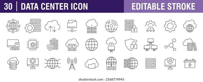 Collection of data center icons. Analytics, hosting, storage, cloud computing. Vector design template, signs, symbols, editable stroke.