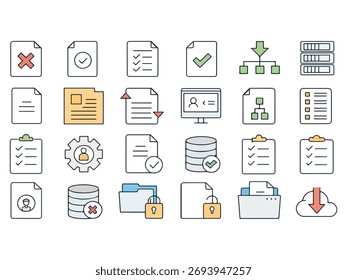 Collection of Data Management Icons Representing Documents Databases and Processes for Modern Business and Technology Concepts