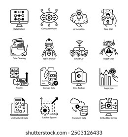 Sammlung von Datenverarbeitungs- und AI-Liniensymbolen

