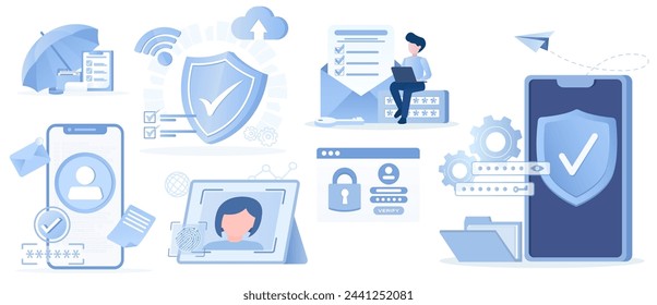 Recopilación del concepto de protección de datos. Protección de la cuenta, contraseña segura, clave de cifrado, seguridad, cortafuegos de datos confidenciales y otros datos confidenciales de ataques cibernéticos. Vector ilustrado.