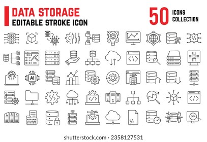 Collection of Data related editable stroke icons, includes data storage, cloud storage data, technology services, server, Data thin line icons
