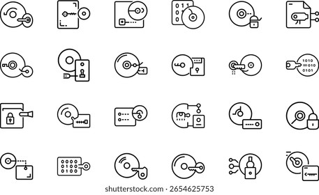 Collection of data security and digital encryption vector icons in outline style