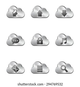 A Collection of Data Sharing related Icons inserted in a cloud shaped Metal Icon background.