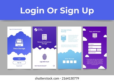 Collection data storage and backup log in or sign up creating account vector illustration. Set datum private cloud digital internet service web application fingerprint, password, registration username