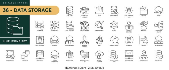 Una colección de iconos de almacenamiento de datos configurados con trazo editable, que incluye base de datos, mantenimiento, Archivar, alerta, informe, hospedaje, seguridad, administración, protección y datos. Ilustración vectorial lineal delgada