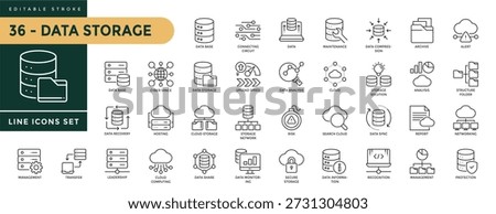 A collection of Data Storage icons set with editable stroke, including data base, maintenance, archive, alert, report, hoasting, secure, management, protection, data. Thin linear vector illustration
