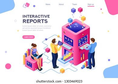 Collection, database graphs. Desktop chart analyzing, statistics visualization concept. Interacting people. 3d isometric vector illustration.