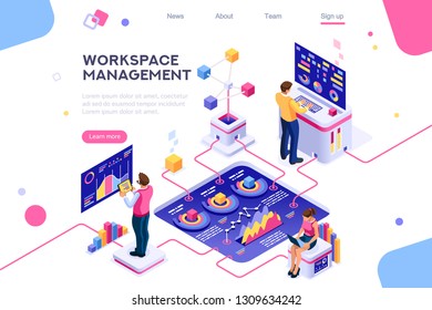 Collection, database graphs. Desktop chart analyzing, statistics visualization concept. Interacting people. 3d isometric vector illustration.