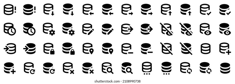 Sammlung von Datenbanksymbolen. Schwarz-Flachsymbol einzeln auf weißem Hintergrund