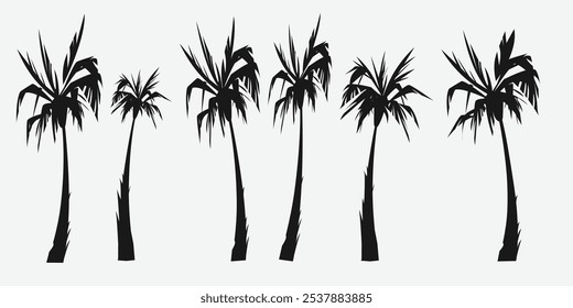 
A collection of date palm silhouettes in varied designs, showcasing unique leaf and trunk shapes. Ideal for tropical themes, desert landscapes, and nature-focused projects.