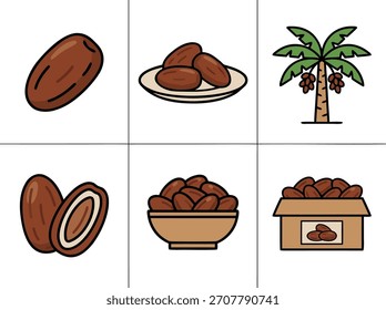 Collection of dates fruit icons. Healthy food, organic product. Vector illustration.