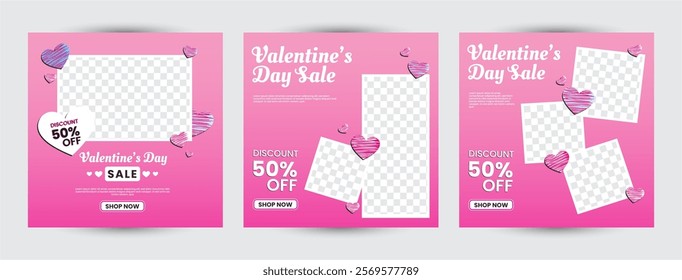 Collection of Valentine’s Day background set design with heart for promotion, sale, feed,greeting card templates. Flat design vector with a photo collage