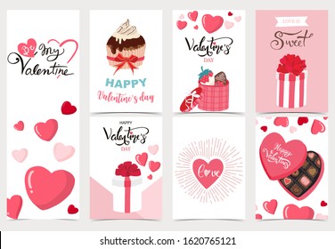 Collection of valentine’s day background set with heart, cupcake, chocolate. Editable vector illustration for website, invitation, postcard and sticker. Wording include love you, you are my heart