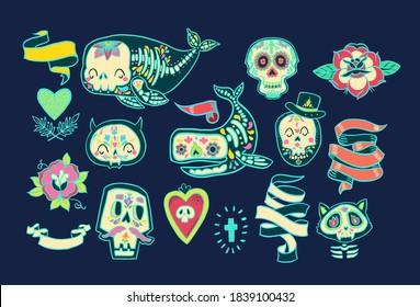 Collection of the Day of the Dead, dia de los muertos in Mexico. Skulls, flowers, ribbons, a heart in the style of an old school tattoo. Flash tattoo, pin, sticker, patch,  print design vector