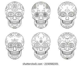 Collection of Day of The Dead sugar Skulls with floral ornament. Mexican skull. Vector illustration isolated on white background