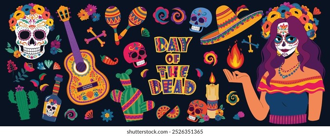 Kollektion der Totentag-Symbole. Dia de los Muertos Dekoration Vektorelemente. Maracas, Calavera, Catrina, Zuckerschädel, Gitarre, Sombrero-Hut, Kaktus, Kerze. Mexikanische Kultur.