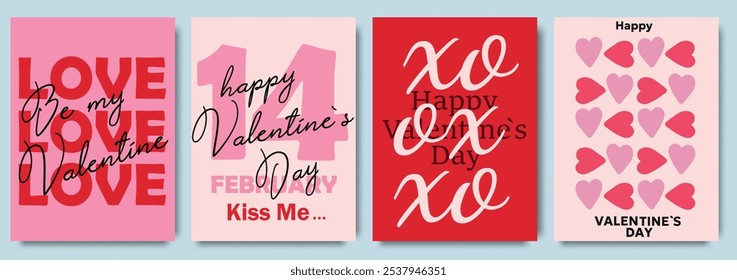 Collection of Valentine’s Day greeting cards with bold typography and romantic messages in vibrant colors. Templates for celebration, ads, branding, banner, cover, label, poster, sales