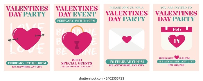 Collection of Valentine’s day invitations. Party, event invitation cards and posters. Modern and trendy with love elements and text. Vector illustration.