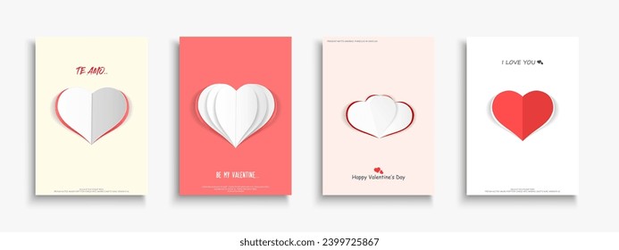 Collection of Valentine’s Day posters, brochures,  invitations, banners, covers, flyers with origami hearts. 14th February creative romantic cute design. Beautiful paper greeting cards with love.