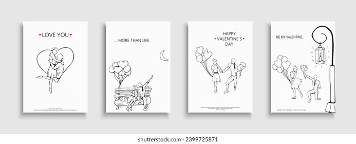 Collection of Valentine’s Day posters, greeting cards with romantic hand drawn illustrations of couple in love. Stylish holiday covers, banners, flyers, invitations – 14th February cute concept