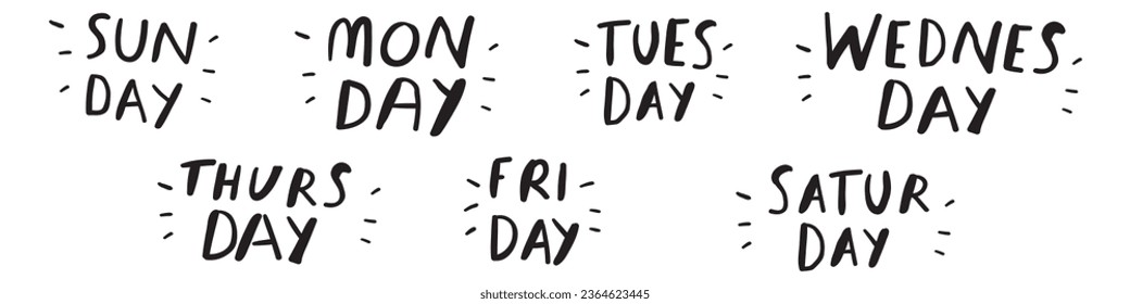 Collection of days of the week. Lettering. Black and white color. Vector graphic design. Simple illustrations.