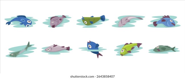 Collection of Dead Fish, dead fish lying on water surface. Dead Fish Vector Set