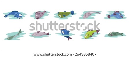 Collection of Dead Fish, dead fish lying on water surface. Dead Fish Vector Set