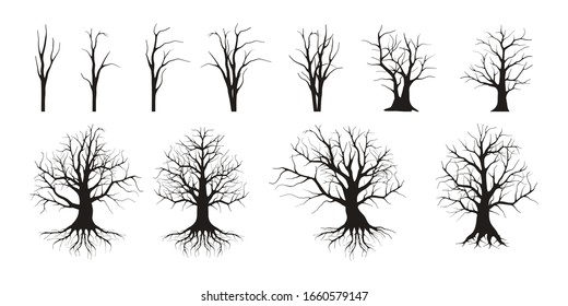 The Collection of Dead Trees without Leaves Vector isolated. dried tree collections with hand drawn style for design elements.