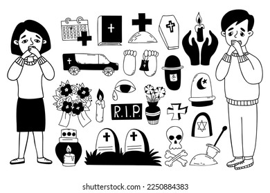 Collection death doodles. Man and woman heartbroken, shocked. Funeral symbols - grave, cross, cemetery, coffin and hearse, ashes and lampada, wreath and bible. Isolated vector drawings