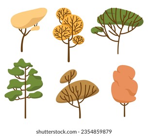 Colección de plantas forestales caducifoliares y perennes. Conjunto botánico de árboles desnudos y otros con hojas y coronas exuberantes. Ilustración vectorial plana aislada en fondo blanco