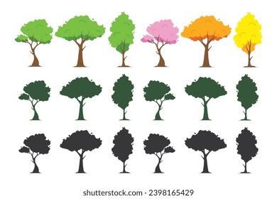 Collection of deciduous and evergreen forest plants isolated on white background. Botanical collection of trees and tree silhouette. Flat vector illustration on white background.